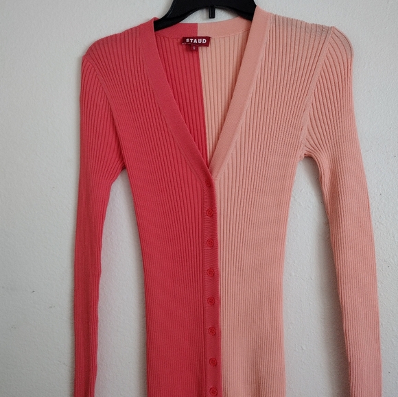 Staud Shoko Colorblock Bittersweet peach button up sweater dress size small - Picture 8 of 13